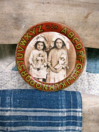 Small Antique Tin Abc Alphabet Plate Old Photo Print Girls Doll 4 - 1/4 "