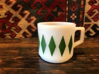 Vintage Fire King Green Diamonds Coffee Mug Milk Glass Rare Mid Century Modern