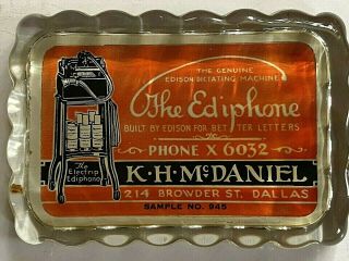 Rare Antique Edison Ediphone Phonograph Glass Advertising Paperweight Dallas Tx