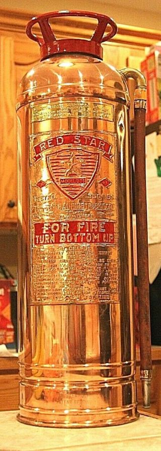 Rare Antique Vintage " Red Star " Copper Brass Fire Extinguisher - Polished Restored