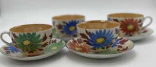 4 Hand Painted Made In Japan Tea Cups And Saucers Bright Flowers & Inside Luster