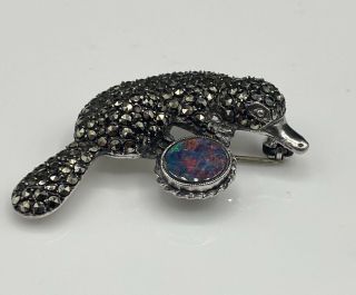 Rare Platypus Hallmarked Solid Sterling Silver Opal & Marcasite Brooch