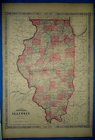 Vintage 1864 Civil War Era Map Illinois Old Antique Atlas Map
