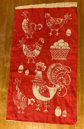 Rare Antique/vtg Rooster Chickens Eggs Linen Cloth Towel Table Mat Runner Red