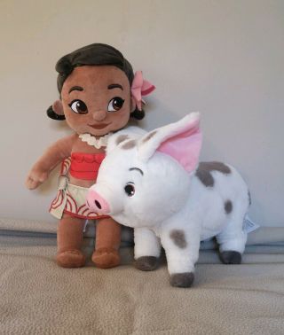 Rare Baby Moana Doll Plush Toy 13 " & Pua Pig Authentic Disney Plush 12 "