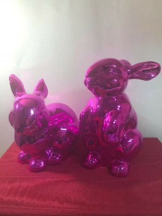 Dept 56 Vintage Dark Pink Metallic Ceramic Easter Bunny Rabbits 6 - 7” Tall Rare