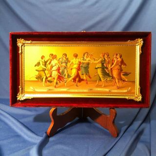 Greek Goddesses Dancing W/cupid (?) Antique Painting/print Framed In Wood/velvet