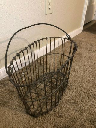 Antique Primitive Heavy Duty Vintage Wire Basket W/ Handle Oval Special