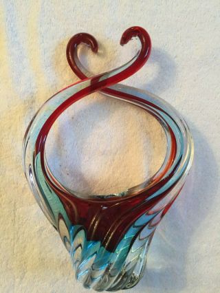 Vintage Hand Blown Art Cased Glass Double Swans Red And Clear