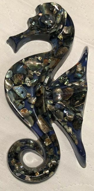 Rare Blue Vintage Retro Seahorse Wall Plaque Abalone Shells Lucite Acrylic