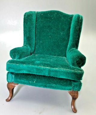 Vtg Dollhouse Miniature Artisan " Ghb " Velvet Queen Anne Wing Back Arm Chair 1:12