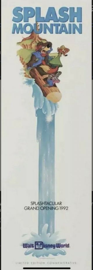 1992 Walt Disney World Splash Mountain Grand Opening Commemorative Poster Rare
