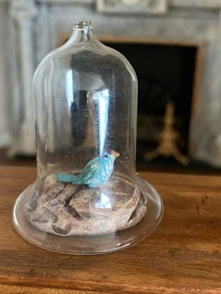 Vintage Miniature Dollhouse Artisan Sculpted Blue Bird In Glass Display Dome