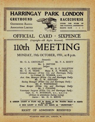 Wonderful 1931 Harringay Park Greyhound Racing Booklet 110th Meet Rare.