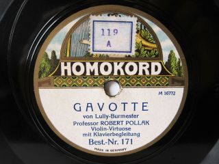 78rpm Prof.  Robert Pollak Violin - Rare Acoustic Homokord - Lully Gavotte