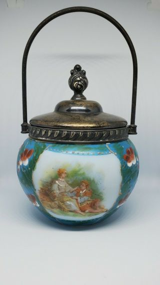 Antique Victorian Era Small Art Glass Hand Painted Biscuit Jar W/lid Boucher