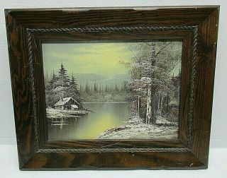 Vintage Framed Lake Cabin Winter Forest Landscape Oil Painting Signed Atkinson