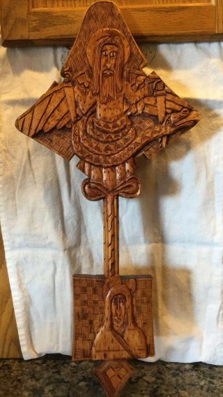Antique Saint Patrick Snakes Jesus Hand Carved Wood Folk Art Christian Relic 21 "