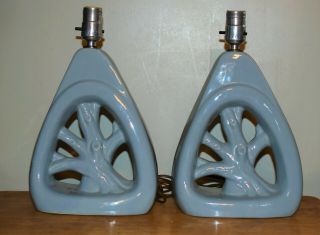 Vintage Mid Century Art Deco Ceramic Lamp Pair Tree Of Life Leviton 2/2