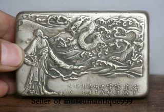 8.  5cm Old Chinese Silver Dynasty Man Dragon Beast Lucky Words Ink Cartridges Box