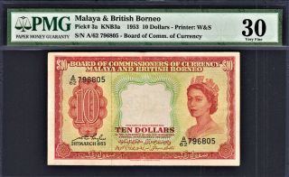 Malaya & British Borneo 10 Dollars 1953 Qeii Pick - 3a Very Fine Pmg 30 Rare