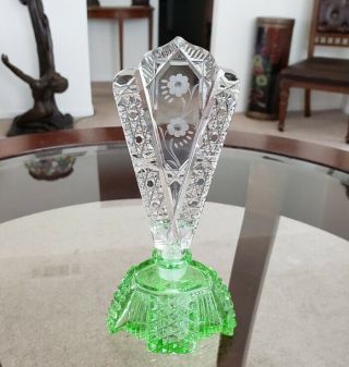Rare Vintage Art Deco Czech 7 " Green Crystal Etched Perfume Bottle & Dabber