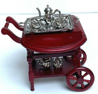1:12 Vintage Dollhouse Miniature Furniture Wooden Tea Cart With Tea Set Guc