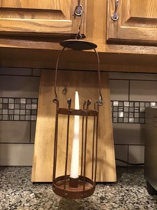 Antique Wrought Iron Candle Holder Lamp Lantern Garden Hanging 21”x 6” Primitive