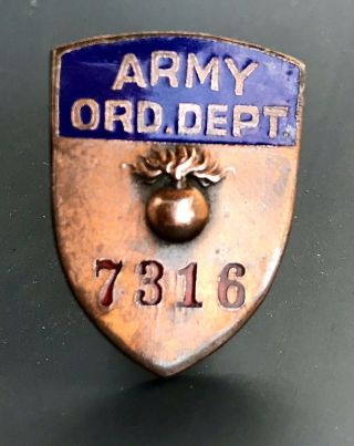 Antique Army Ordnance Dept Brass And Enamel Pin/badge Numbered W & H Co