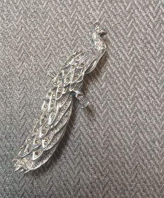 Antique Art Deco Sterling Silver Marcasite Peacock Brooch