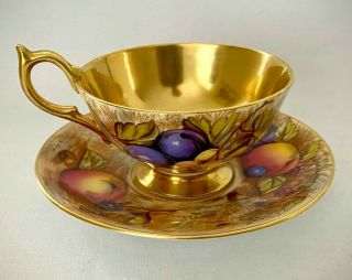 Rare Vintage Aynsley Cup & Saucer Fruit Orchard Gold Multiple Artists Signatures
