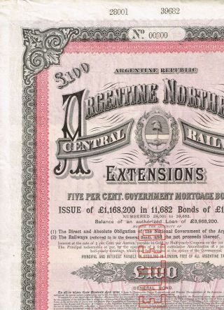 Argentine Northern Central Railway.  1887,  Lb 100 Bond,  Top - Rare Specimen,  Vf