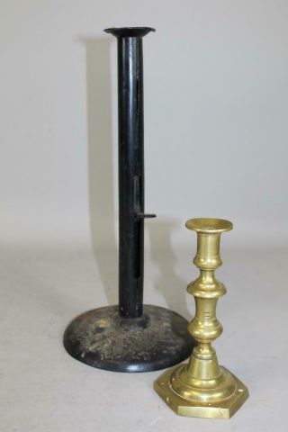 Rare Over - Sized 18th C Tinned Iron Hogscraper Candlestick In Old Black Paint