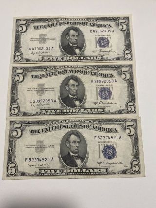 3 Of All Set $5 Dollar 1953， A，b，blue Seal， Top Rare！ Au/xf！！