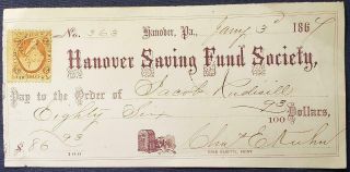 Rare 1864 Civil War Era Hanover Pa Bank Check W Revenue Stamp York County Pa