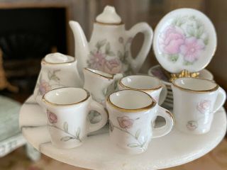 Vintage Miniature Dollhouse Artisan White Gold Gilt Floral Porcelain Tea Set