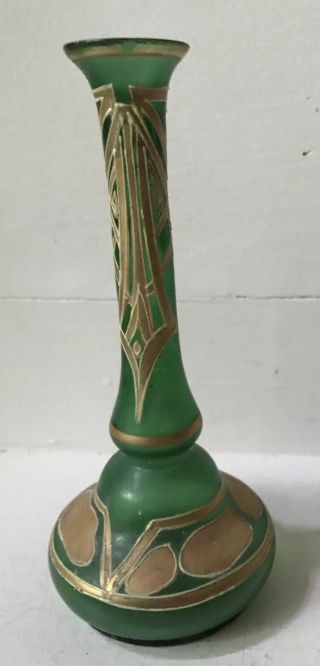 Antique Art Nouveau Bud Vase Blown Green Glass With Handpainted Gilding