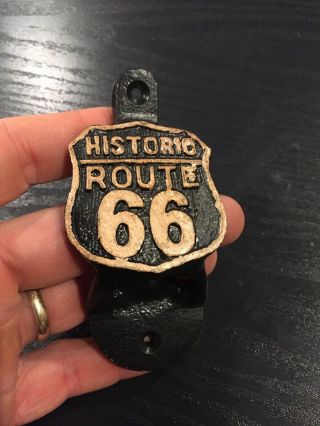 Route 66 Auto Safety Club Beer Bottle Opener Metal Antique Style Patina Rte Vg