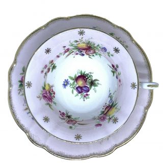 Vtg Eb Foley 1850 Bone China Teacup & Saucer Set Pink Gold Floral Fruit Motif