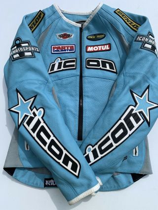 Rare Icon Leather Merc Hero Motorcycle Jacket Light Blue Women’s Large Racing