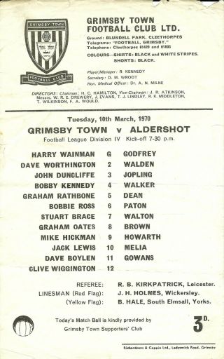 Very Rare Grimsby Town V Aldershot 20th Mar 1970 Division 4
