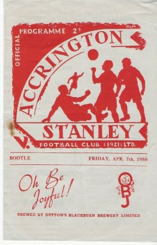 Mega Rare Accrington Stanley V Bootle Programme 1949 - 1950 Lancashire Combination