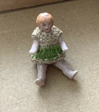 Antique Miniature Bisque Dolls House Doll In Crochet Dress Pos Hertwig 4cm Tall