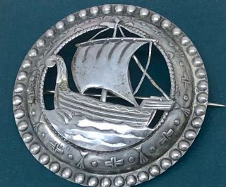 Large Antique Vintage Silver Colour Viking Ship Brooch,  In A Round Setting Vgc