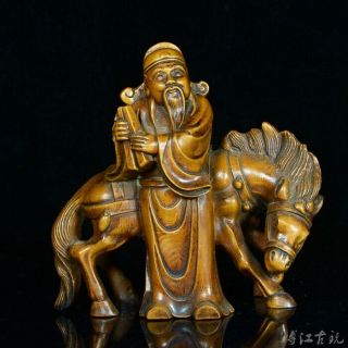 Collectable China Boxwood Hand - Carved Old Man Ride Horse Delicate Decor Statue