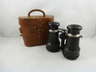 Antique Gaililean Field Binoculars With Brown Leather Case Early 1900 