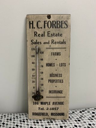 Antique Wood Advertising Thermometer Hc Forbes Real Estate Ridgefield Missouri