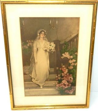 Antique Bessie Pease Gutmann 1911 Framed Print " To Love & Cherish " Bride Roses