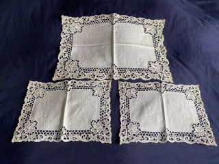 3 Vintage Italian Point De Venise Lace Hand Embroidered Linen Tray Cloths