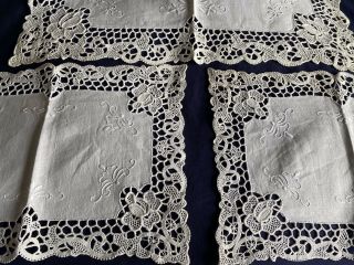 3 Vintage Italian Point De Venise Lace Hand Embroidered Linen Tray Cloths 2